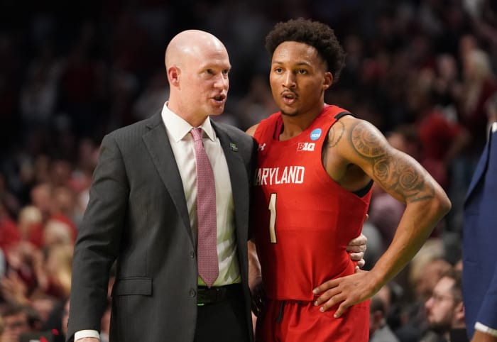 Mar 18, 2023; Birmingham, AL, USA; Maryland Terrapins head coach Kevin Willard talks to guard Jahmir Young (1) during the second half at Legacy Arena. Mandatory Credit: Marvin Gentry-USA TODAY Sports